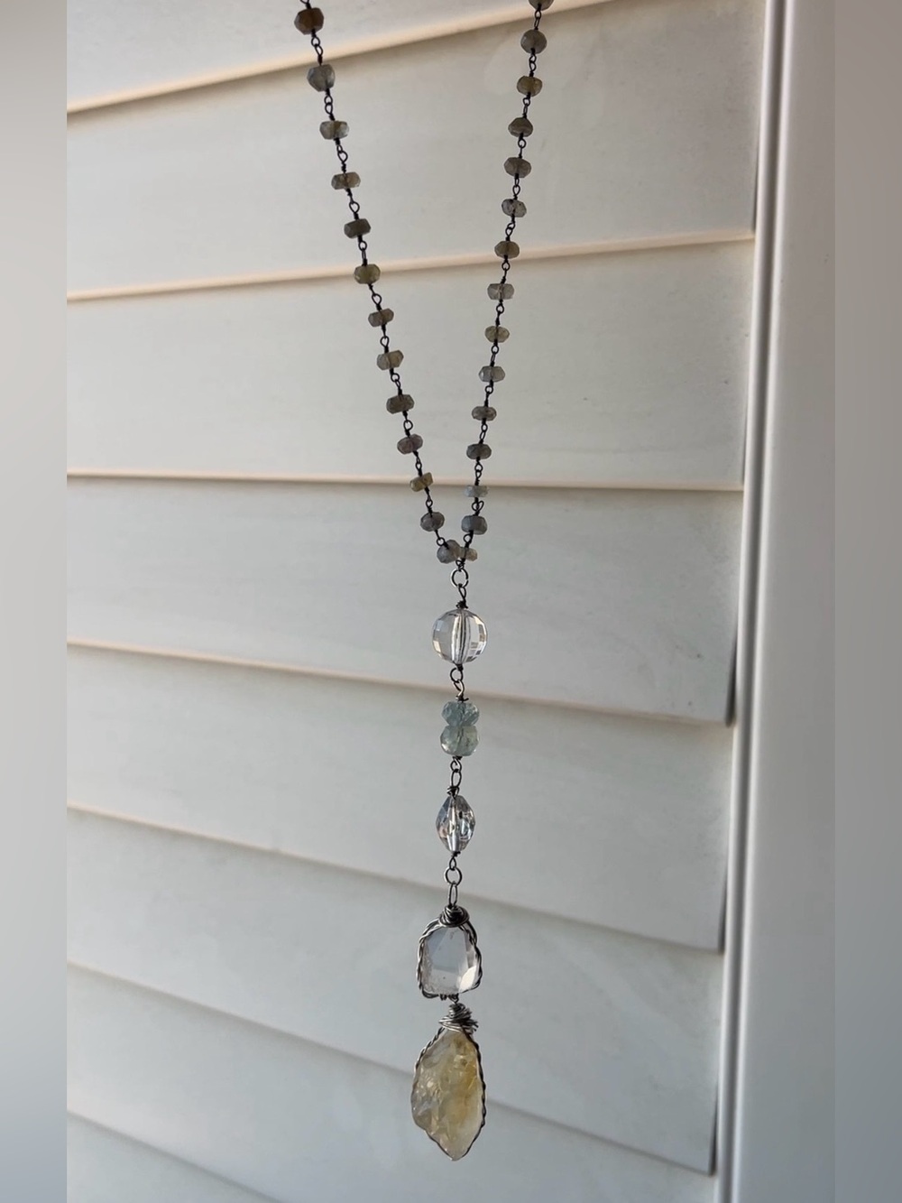 Silver Wire Wrapped Clear Quartz + Citrine Necklace on a Labradorite Chain